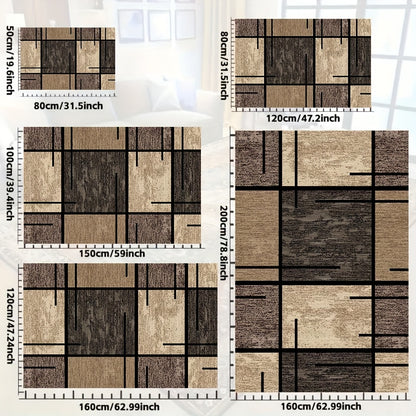 Velvet Area Rug Machine Washable – 850 GSM Thick Soft Fade-Resistant Polyester Carpet with Geometric Pattern for Living Room Bedroom Office, Lightweight Non-Slip Rectangle Mat, Beige Brown