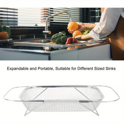 Stainless Steel Adjustable Telescopic Colander Basket for Sink – Expandable Fruit Vegetable Washing Strainer Rack for Kitchen, Fits 9–14 Inch Sinks