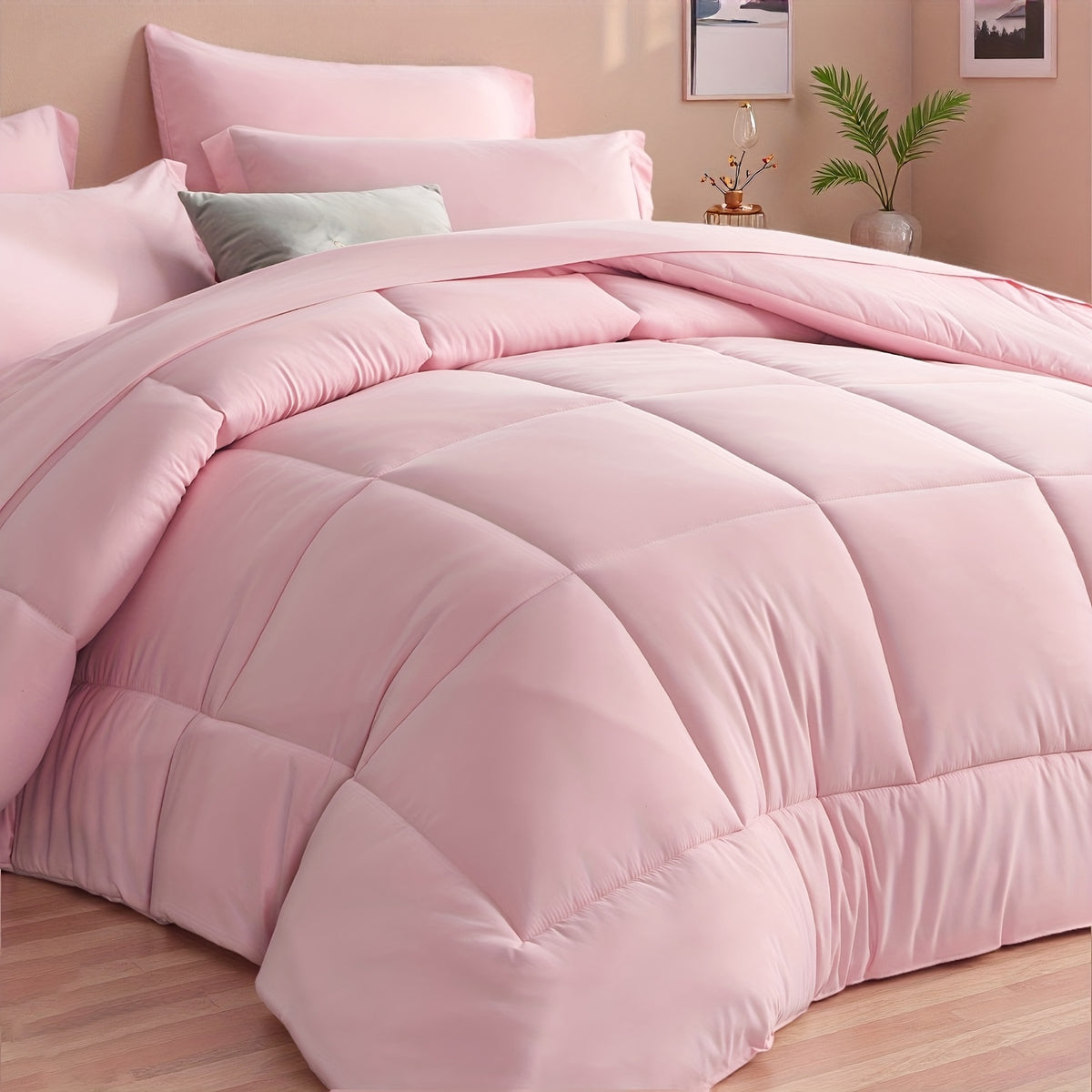 Comforter Set 5/7 Piece Checkered Pattern Bed in a Bag – Ultra Soft Breathable Fluffy Fiber Fill All Season Bedding Set with Comforter Flat Sheet Fitted Sheet Pillowcases, Twin Full Queen King 17 Colors