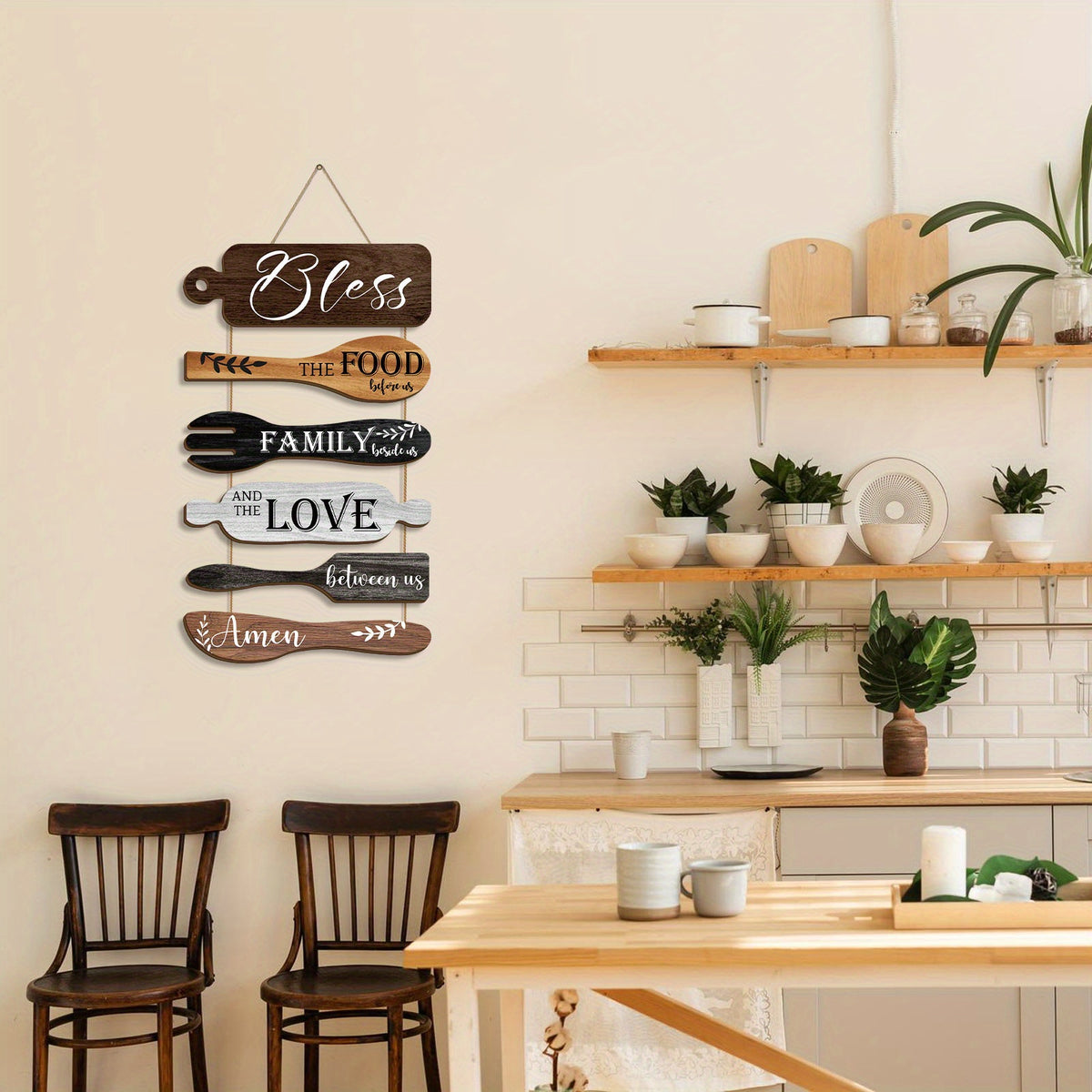 Farmhouse Kitchen Wall Decor Wood Sign Set – Bless The Food Before Us Rustic Dining Room Hanging Wall Art Rope Plaque, 6 Pieces Wood Board