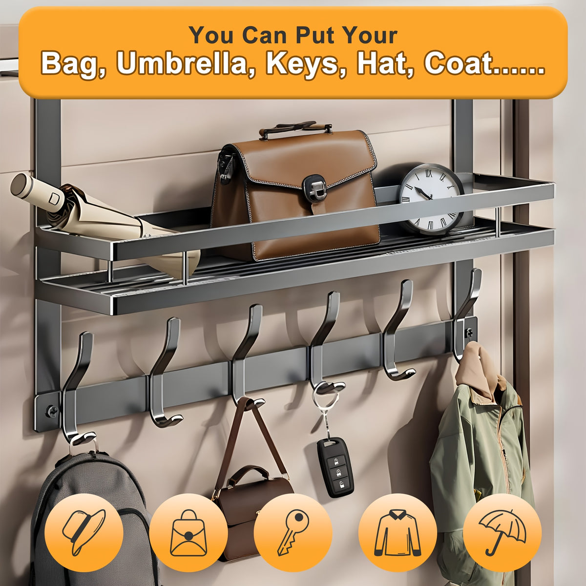 Behind Door Hook Rack No Drill – Heavy Duty Metal Door Hanger Organizer with 5 6 or 8 Hooks, Space-Saving Storage for Clothes Bags Keys, Bedroom Bathroom Entryway Wardrobe, Modern Design