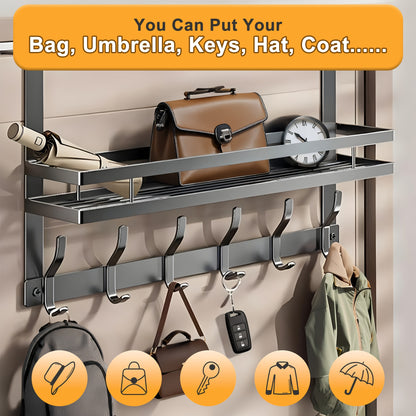 Behind Door Hook Rack No Drill – Heavy Duty Metal Door Hanger Organizer with 5 6 or 8 Hooks, Space-Saving Storage for Clothes Bags Keys, Bedroom Bathroom Entryway Wardrobe, Modern Design