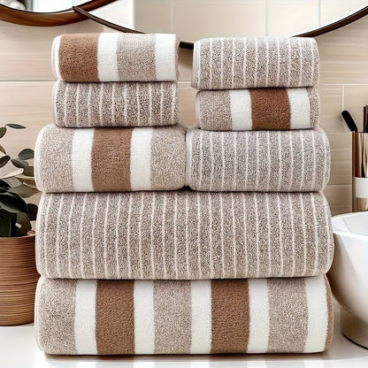 Bath Towel Set 8pcs Hotel Quality – Lint-Free Super Absorbent Soft Striped Towels, 2 Bath Towels + 2 Hand Towels + 4 Washcloths, Five-Star Hotel Standard Bathroom Towel Set, 9 Colors Available