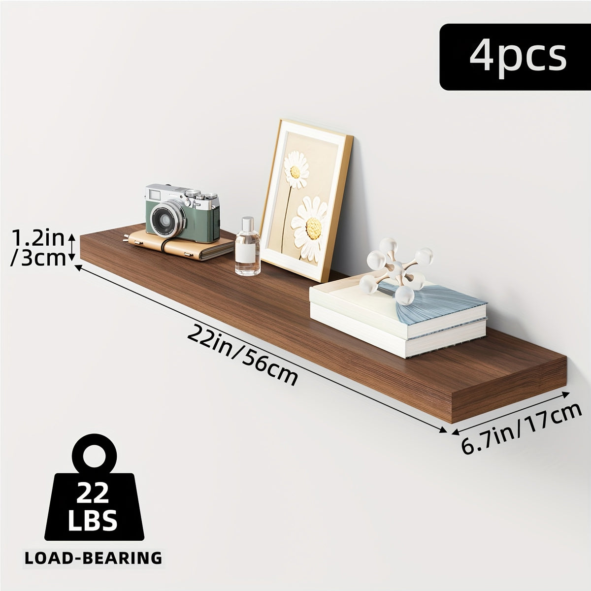 Invisible Bracket Floating Shelves 4 Pack 22 Inch Wall Mounted Wood Shelf for Bathroom Bedroom Living Room Kitchen Decor, Sturdy Wall Shelves Set with Hidden Brackets Walnut Light Brown White Black
