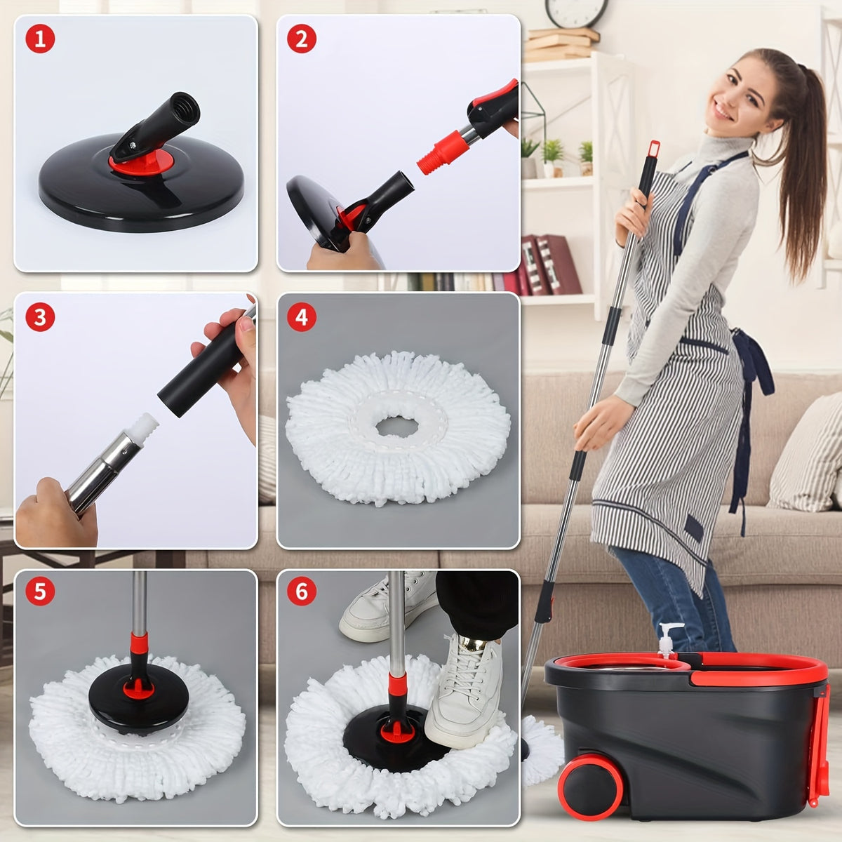 Spin Mop and Bucket Set with Wringer – 360° Spin Mop System, 3 Microfiber Replacement Heads & 61" Adjustable Handle for Floor Cleaning, Home & Holiday Cleaning