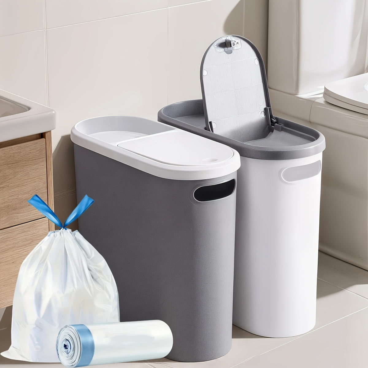 Small Bathroom Trash Can Plastic Wastebasket with Built-In Handles – Compact Rustproof Space-Saving Bin for Bathroom Laundry Office 1 or 2 Pack