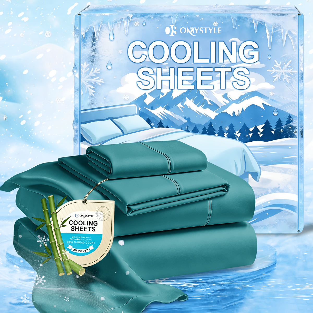 Ice-Cooling Bamboo Sheets Set Deep Pocket - Ultra Soft Breathable Skin-Friendly Fitted Sheet Flat Sheet & Pillowcases, Wrinkle-Free, All Season, Kids & Hot Sleepers, Twin Full Queen King