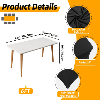 Spandex Table Covers 6ft Fitted Stretch Tablecloths 6 Pack – Wrinkle Resistant Washable Rectangular Table Cloth for Wedding Party Banquet Graduation Event, Black or White