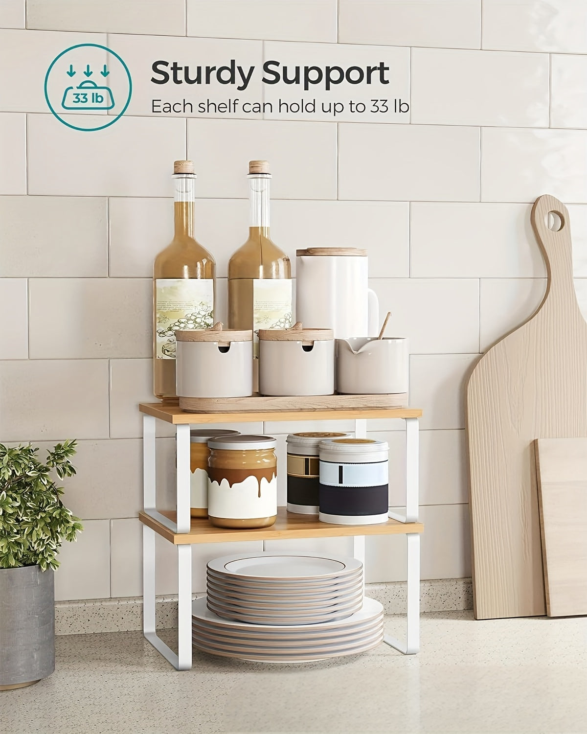 Adjustable Stackable Shelf Organizer Set of 2 – Wooden Cabinet Storage Rack for Kitchen Counter, Spice, Pantry, Bathroom & Under Sink, Space-Saving Home Organization
