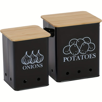 Potato Onion Storage Bin with Wooden Lid & Aerating Holes, Kitchen Vegetable Canister Organizer for Onion Potato Garlic Fruit, Countertop Food Storage Container Black White Green