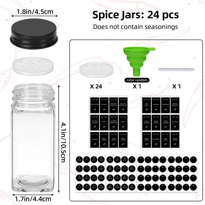 Glass Spice Jars Set with Labels and Shaker Lids, 4oz Square Airtight Seasoning Bottles with Collapsible Funnel Brush and Marker, BPA-Free Kitchen Spice Organizer for Rack Drawer Cabinet, 16/24/36/48 Pack