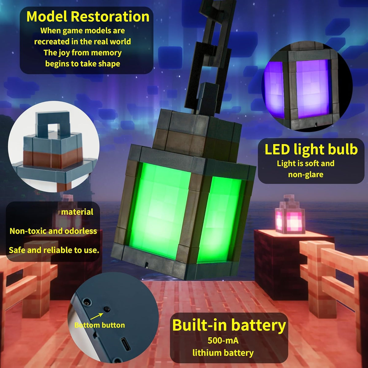 Pixel Lantern Night Light 16 RGB Colors with Remote - USB Rechargeable LED Mood Lamp for Bedroom Gaming Room Desk Wall Decor, Eye-Friendly Glow for Kids Teens Adults, Halloween Christmas Gift