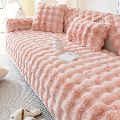 Faux Rabbit Plush Sofa Cover Winter Warm Thickened Anti-Slip Furniture Protector – Soft Pet-Friendly Couch Cover for Living Room Bedroom Office, 4 Colors