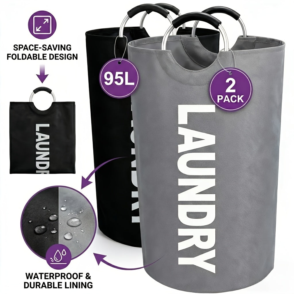 Large Foldable Laundry Basket Waterproof with Padded Handles – Freestanding Dirty Clothes Hamper for Bathroom Bedroom Home, 1pc or 2pcs Multi-Color Options