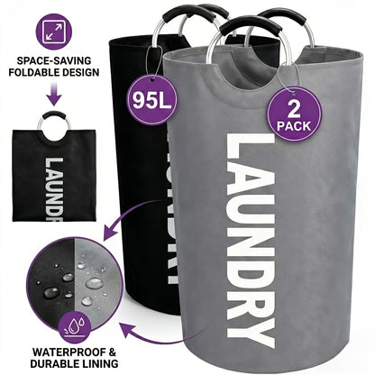 Large Foldable Laundry Basket Waterproof with Padded Handles – Freestanding Dirty Clothes Hamper for Bathroom Bedroom Home, 1pc or 2pcs Multi-Color Options
