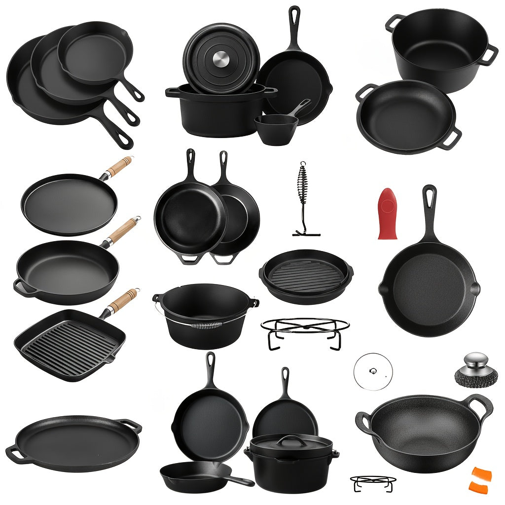 Cast Iron Cookware Set for Kitchen & Camping, Non-Stick Skillets Dutch Oven Griddle & Pizza Pan, Works on Induction & Open Fire, Even Heat Distribution, 500°F Oven Safe, BBQ & Outdoor Cooking