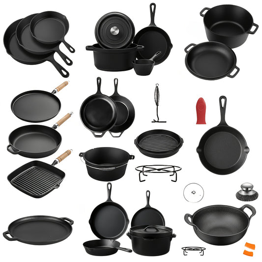 Cast Iron Cookware Set for Kitchen & Camping, Non-Stick Skillets Dutch Oven Griddle & Pizza Pan, Works on Induction & Open Fire, Even Heat Distribution, 500°F Oven Safe, BBQ & Outdoor Cooking