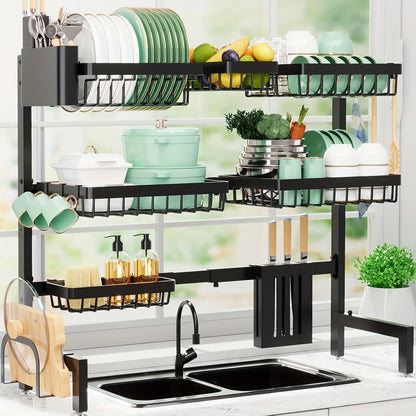 Over Sink Dish Drying Rack 3 Tier Adjustable Expandable - Stainless Steel Kitchen Organizer with Baskets, Utensil Holder, Knife & Cutting Board Holder - Space Saving Dish Drainer for Counter, Black
