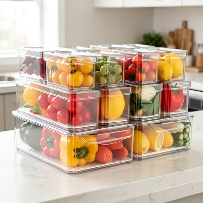 Fridge Organizer Bins with Lids 14 Pack Stackable Clear Refrigerator Storage Containers for Fruit Vegetable Food Drinks Cereals Kitchen Pantry Organization