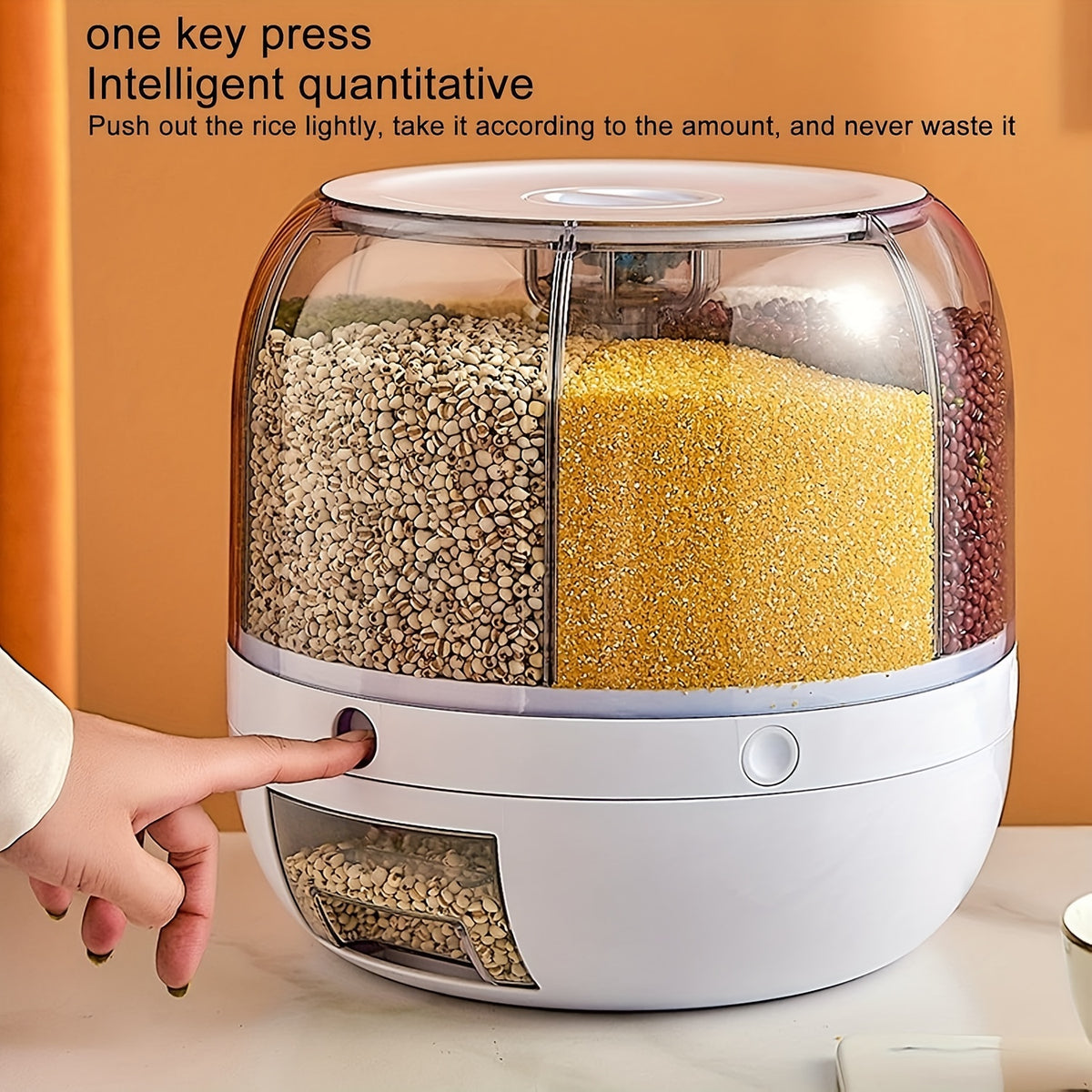 Rice Dispenser 19Lbs 360° Rotating Grain Storage Container with One-Click Output, Flip-Top Lid, Airtight Food Dispenser for Rice, Beans, Oats & Small Grains – Kitchen Pantry Organizer