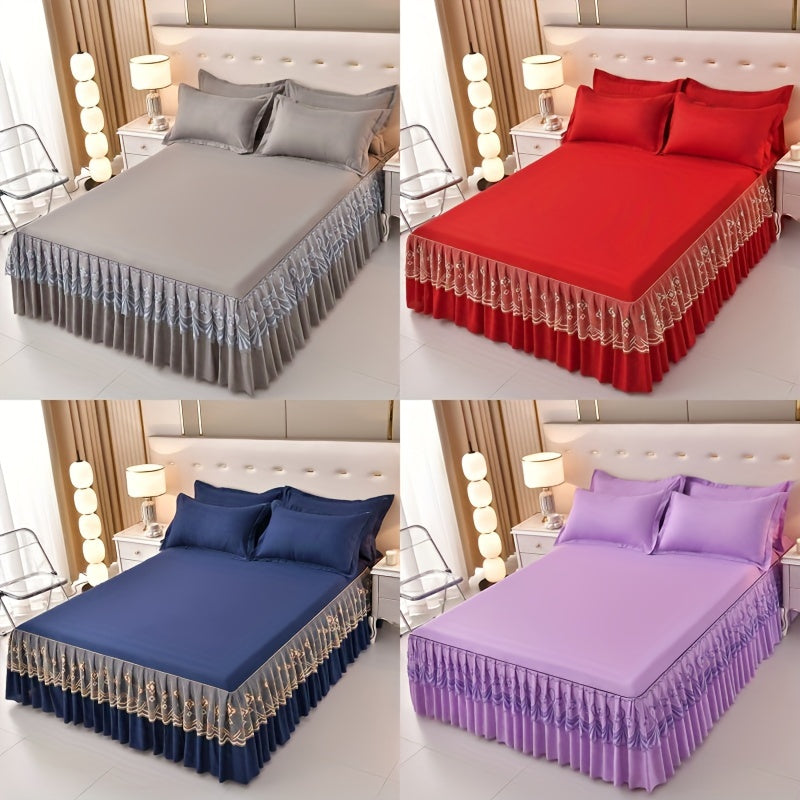 Macrame Bed Skirt Set 3 Piece with Pillowcases – Double Layer Lace Non-Slip Bedding for Twin Full Queen King, All Seasons, Red Grey Navy Purple