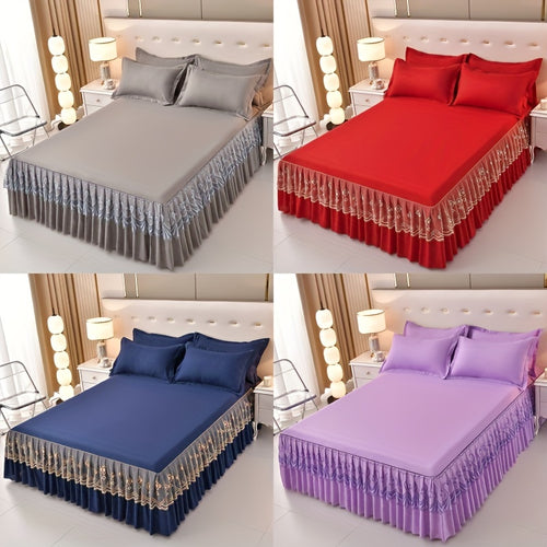 Macrame Bed Skirt Set 3 Piece with Pillowcases – Double Layer Lace Non-Slip Bedding for Twin Full Queen King, All Seasons, Red Grey Navy Purple