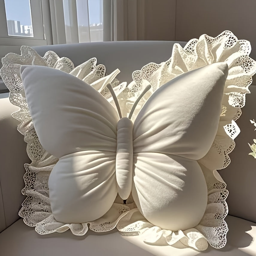 Butterfly Shaped Decorative Pillow with White Lace Trim – 3D Silhouette Velour Throw Cushion for Sofa, Bed & Home Decor, Machine Washable, 5 Colors, Perfect Gift for Women
