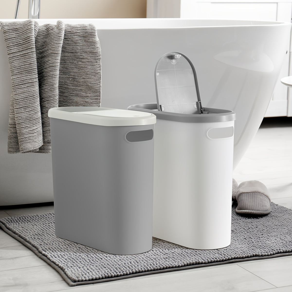 Small Bathroom Trash Can Plastic Wastebasket with Built-In Handles – Compact Rustproof Space-Saving Bin for Bathroom Laundry Office 1 or 2 Pack