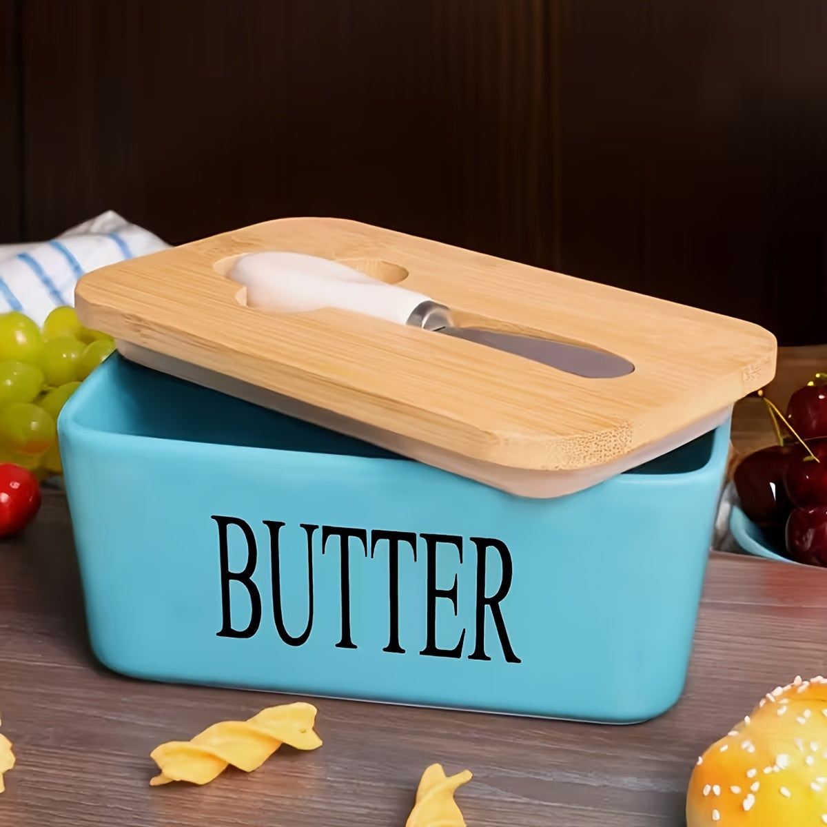 Ceramic Butter Dish with Lid and Knife - Large Capacity Countertop Butter Keeper Airtight Seal Easy Clean, 12 Colors Yellow Blue Grey Pink Black Orange, Kitchen Gift