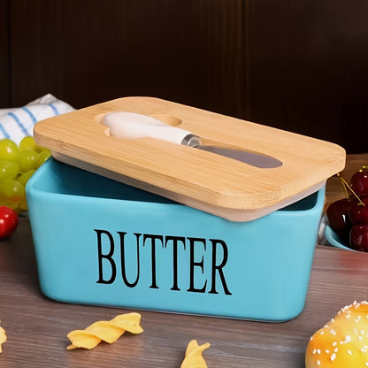 Ceramic Butter Dish with Lid and Knife - Large Capacity Countertop Butter Keeper Airtight Seal Easy Clean, 12 Colors Yellow Blue Grey Pink Black Orange, Kitchen Gift