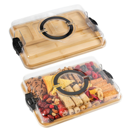 Bamboo Charcuterie Board with Transparent Locking Lid 5 Compartments Divided Snack Tray Portable Serving Platter with Handles for Parties Picnic Camping Gift