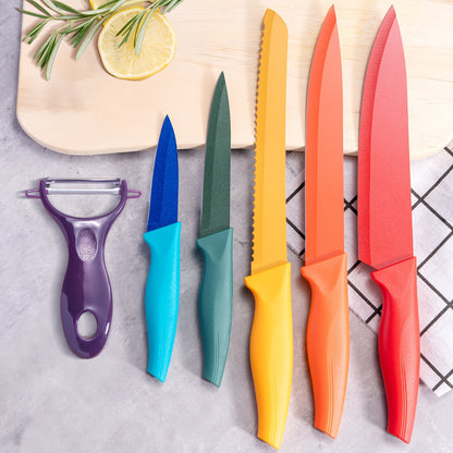 Kitchen Knife Set 6 Piece High Carbon Stainless Steel Sharp Chef Knife Bread Knife Scissors Sharpener Anti-Slip Handle Dishwasher Safe, Colorful Phoenix Pattern Knife Set Gift for Women