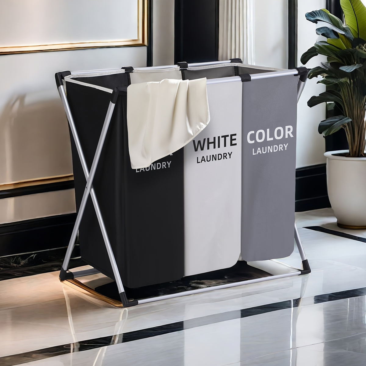 Large Laundry Hamper Basket with Handles 3-Pack, Rectangular Fabric Clothes Hamper for Bedroom, Bathroom, College Dorm & Home, Stylish Laundry Basket Organizer in Dark Grey, White & Black