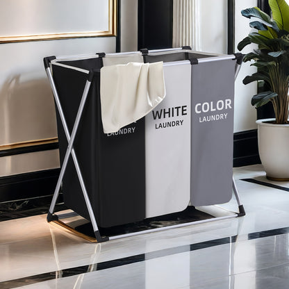 Large Laundry Hamper Basket with Handles 3-Pack, Rectangular Fabric Clothes Hamper for Bedroom, Bathroom, College Dorm & Home, Stylish Laundry Basket Organizer in Dark Grey, White & Black
