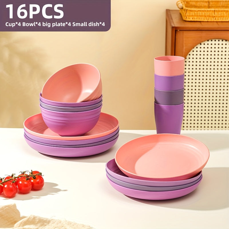 Wheat Straw Dinnerware Set 16/32 Piece, Unbreakable Plastic Plates Bowls Cups for Camping Outdoor Picnic, BPA-Free Lightweight Tableware for 4/8 People, Dishwasher Safe Kitchen Dining Set Black Colorful