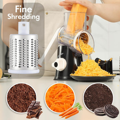 Suction Base Rotary Cheese Grater Hand Crank 3 Stainless Steel Blades BPA Free Touch-Free Shredder for Cheese Vegetables Nuts with Cleaning Brush Multi Color