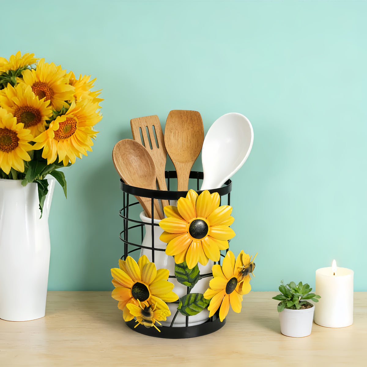 Sunflower Flatware Storage Basket Kitchen Countertop Organizer, Open Utensil Holder Caddy for Silverware Spoons Forks Knives, Farmhouse Kitchen Decor Storage & Organization