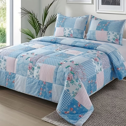 Floral Print Duvet Cover Set 3-Piece Kids Bedding with Zipper Closure, Patchwork Pastoral Style Comforter Cover + 2 Pillowcases, All-Season Lightweight, Twin Full Queen King – No Insert