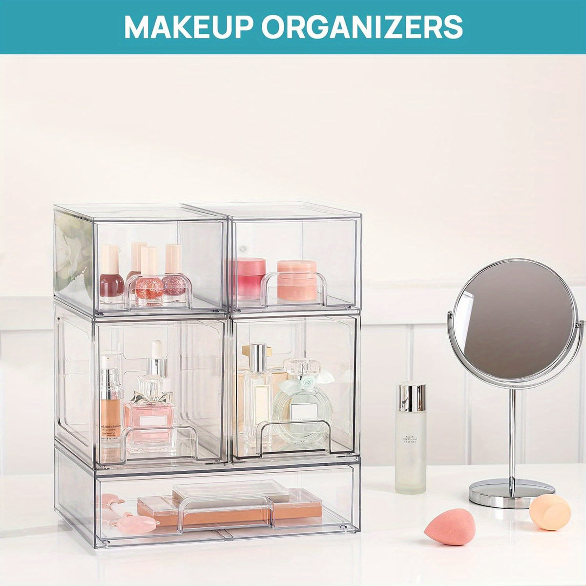Stackable Storage Drawers 4 Pack Clear Acrylic Makeup Organizer - BPA-Free Bathroom Vanity Countertop Storage Bins for Skincare, Perfume & Cosmetics, Pull-Out Handle, Non-Slip, Multi-Room Use