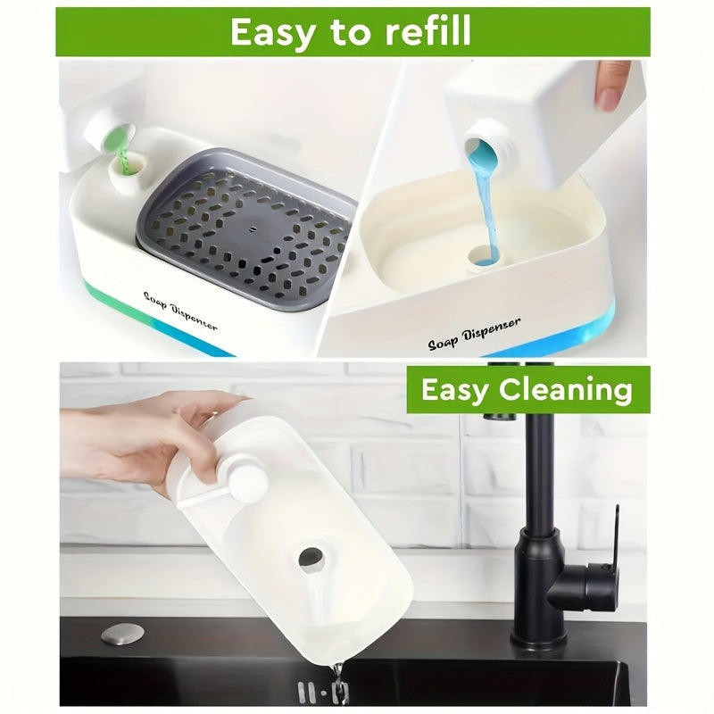 Soap Dispenser with Built-In Sponge Holder, Leak-Proof Battery-Free Pump, Space-Saving Countertop Organizer for Kitchen & Bathroom, Hygienic Hands-Free Design, Durable Rectangular Dispenser