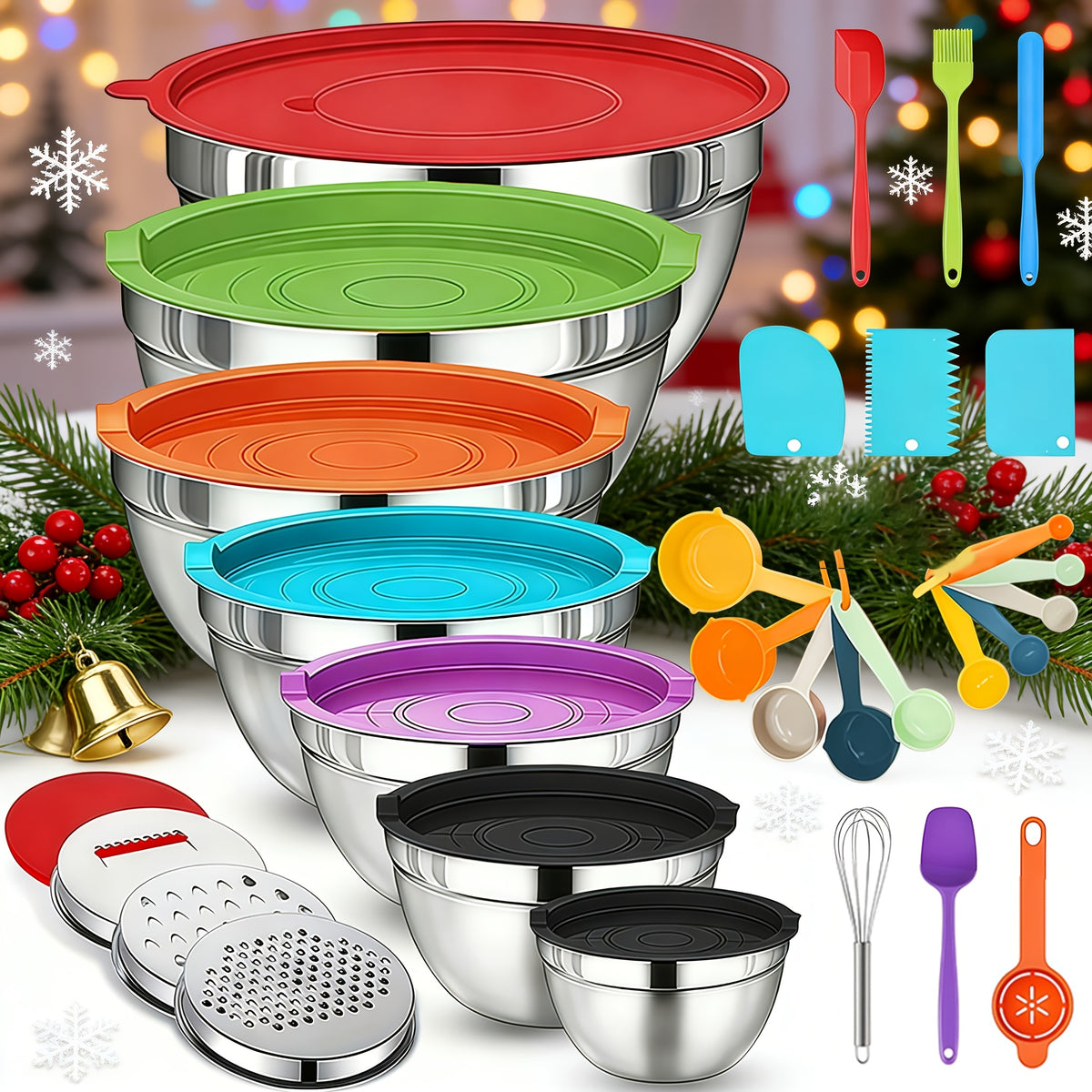 Stainless Steel Mixing Bowls Set with Airtight Lids 30 Piece, 7 Nesting Bowls with Lids and Grater Attachments 23 Kitchen Tools, Dishwasher Safe Mixing Bowl Set for Baking Cooking Serving
