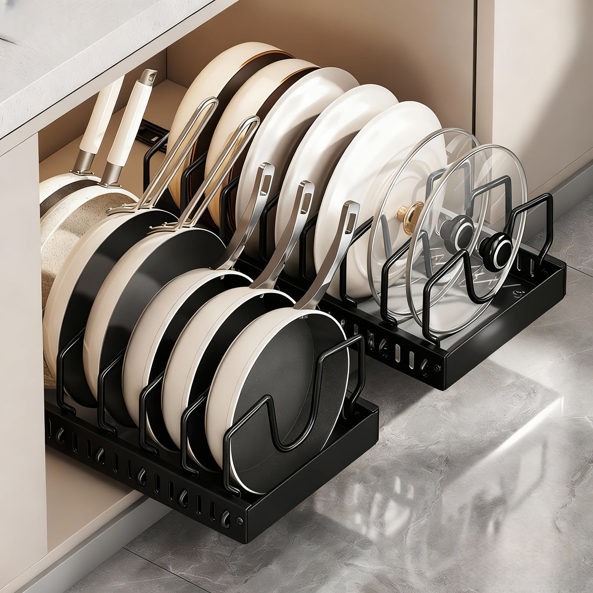 Sliding Pot and Pan Organizer Rack with Pull-Out Drawer – Under Cabinet Kitchen Storage for Pot Lids, Baking Trays & Utensils, 8 Adjustable Dividers, Black White Gray