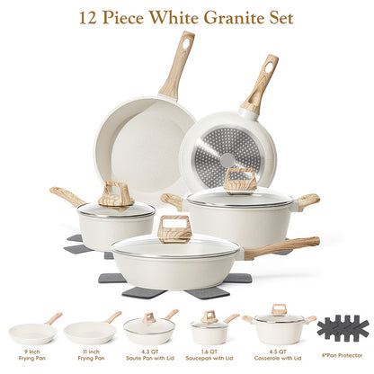 Nonstick Cookware Set 12 Piece - Granite Coated Pots and Pans Set with Frying Pans, Casserole, Saucepan & Lids, Heavy-Duty Induction Compatible Complete Kitchen Cookware Kit, Black