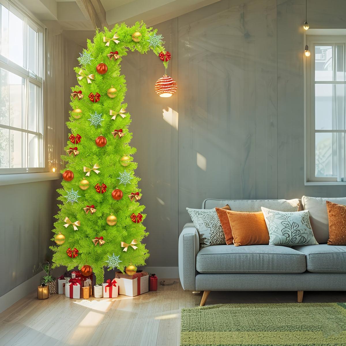 Artificial Christmas Tree 6 Foot with String Lights, Tree Skirt, Christmas Balls & Stand - Bendable Full Xmas Tree Set for Home, Shop Window & Party Decorations, Unique Holiday Decor Indoor Display