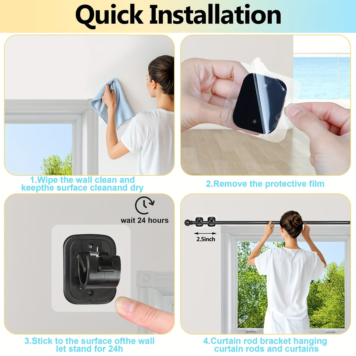 Tension Curtain Rod No Drill 66 to 120 Inch – Adjustable Spring Curtain Rod with Strong Adhesive Brackets, Damage-Free Installation, Heavy-Duty Stainless Steel, Perfect for Apartments, Dorms & Renters