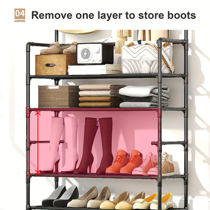 Shoe Rack Organizer with 8 Hooks Multi-Layer - Free Standing Shoe Storage Shelf for Entryway, Closet & Bedroom, Space-Saving Vertical Shoe Tower with Hat & Coat Hooks, 3 or 5 Tier Black