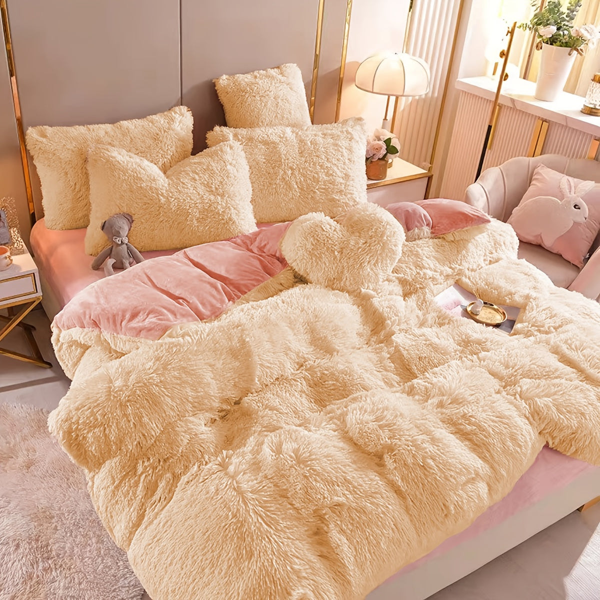 Fluffy Duvet Cover Set 4 Piece Queen King, Soft Plush Comforter Cover with 2 Pillow Shams All Season Cozy Bedding Set No Insert, in Purple Red Pink Gray Yellow Blue Beige Black