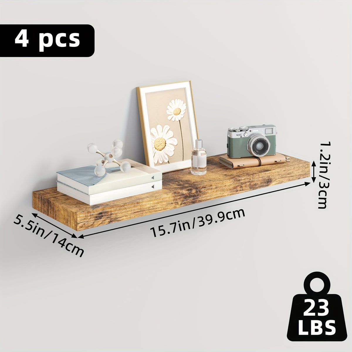Floating Shelves Wall Mounted Wood – Set of 2, 4 or 6, 15.7” / 19.7” / 22”, Heavy Duty 30 lb Capacity, Wooden Wall Shelf for Living Room, Kitchen, Bathroom & Bedroom, Brown Black White Walnut Gray