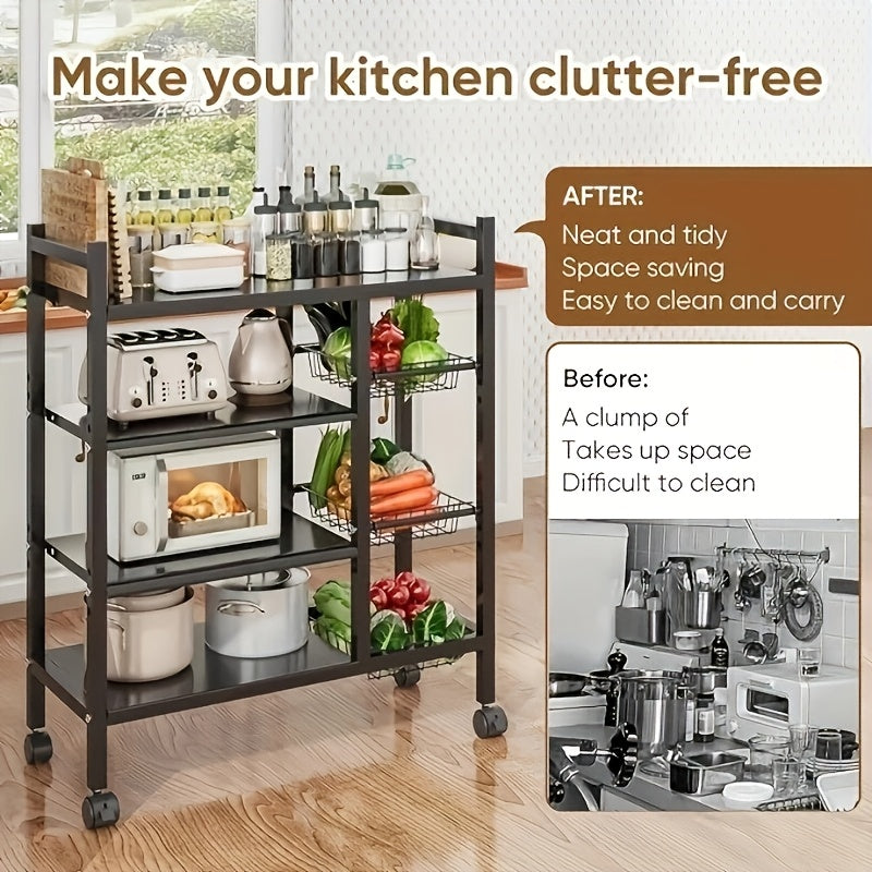 Rolling Storage Rack with Baskets Adjustable Metal Shelf on Wheels Kitchen Pantry Organizer Garage Bathroom Closet Utility Standing Shelf
