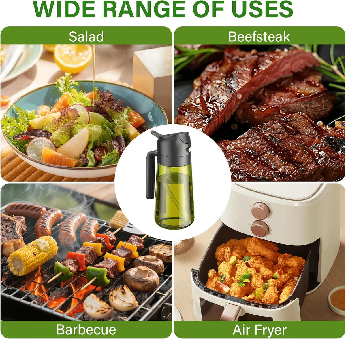 Olive Oil Dispenser Bottle Set of 2 - 16oz 480ml Borosilicate Glass Oil Bottle with Drizzle & Spray Function, Light-Blocking Dark Green & Clear Glass for Kitchen Cooking Salad Dressing